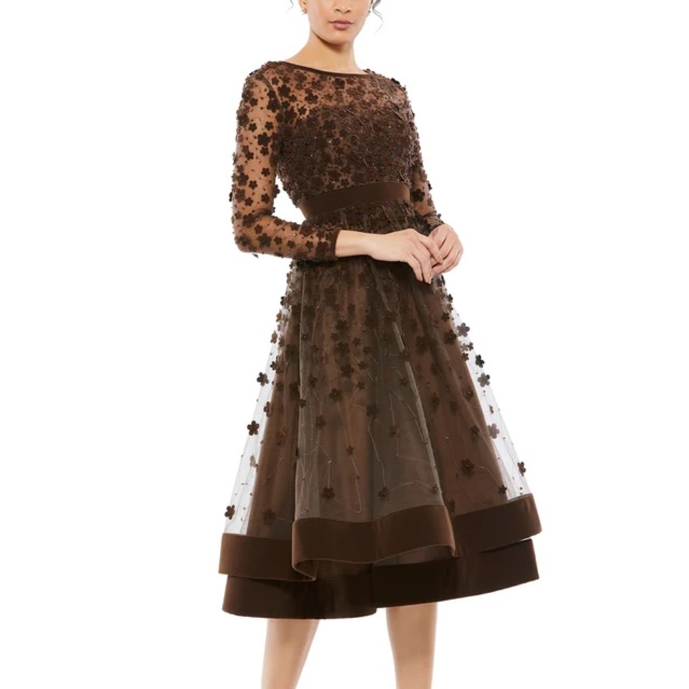 NWT Mac Duggal 67007 Coffee Embellished Illusion High Neck Long Sleeve Dress